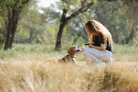 happy dog with owner in the field